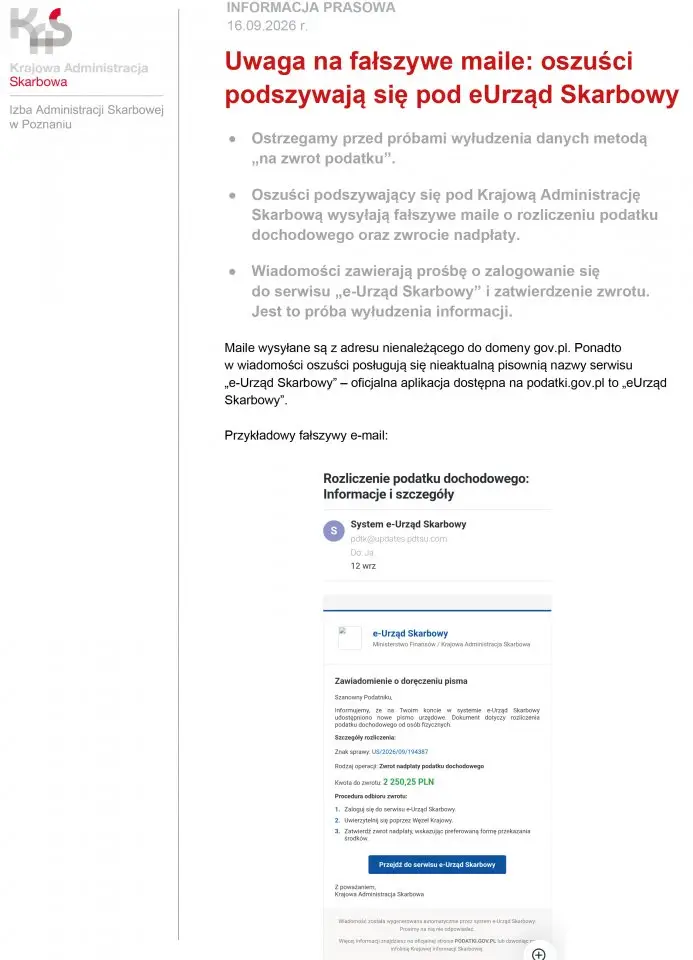 Ostrzeżenie przed fałszywymi wiadomościami e-mail od oszustów podszywających się pod KAS