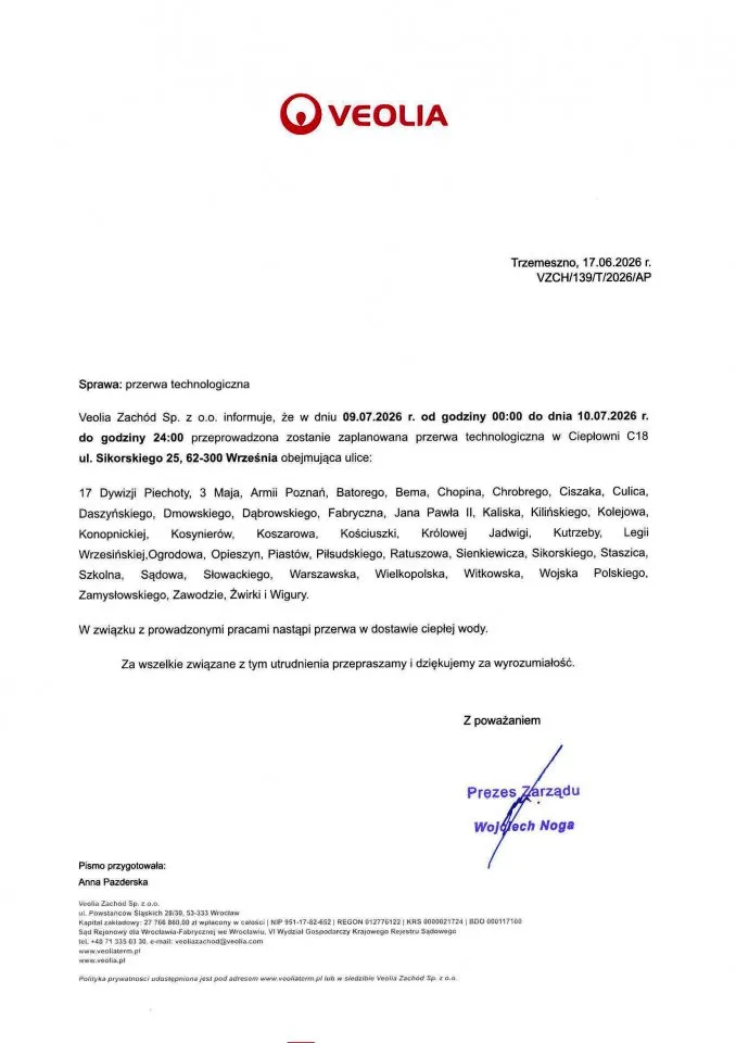 Planowana przerwa w dostawie ciepłej wody w Wrześni
