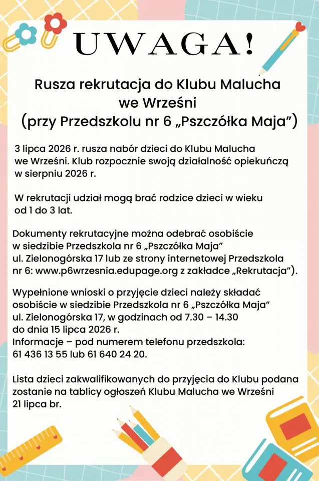 Rozpoczęcie rekrutacji do Klubu Malucha we Wrześni przy Przedszkolu nr 6